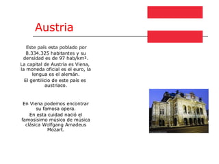 Austria Este país esta poblado por 8.334.325 habitantes y su densidad es de 97 hab/km². La capital de Austria es Viena, la moneda oficial es el euro, la lengua es el alemán. El gentilicio de este país es austriaco. En Viena podemos encontrar su famosa opera. En esta cuidad nació el famosísimo músico de música clásica Wolfgang Amadeus Mozart. 