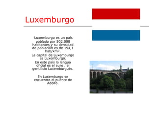 Luxemburgo Luxemburgo es un país poblado por 502.000 habitantes y su densidad de población es de 194,1 hab/km². La capital de Luxemburgo es Luxemburgo. En este país la lengua oficial es el euro , el gentilicio  Luxemburgués. En Luxemburgo se encuentra el puente de Adolfo. 