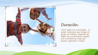 Duración: 
Varia según las necesidades , el 
grupo o persona que integra el 
grupo de trabajo, depende del 
objeto de conocimiento elegido 
y la cantidad de cosas que 
quieren aprender o hacer. 
 