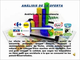 ANÁLISIS DE LA OFERTA
Análisis de la competencia
La oferta se ha diversificado hasta el punto de
encontrar arequipe, quesos frescos, maduros y
semimaduros; suero de leche, avena, kumis, yogurt
natural y de sabores entre muchas otras opciones. Con
una gran ventaja: la calidad, que según los entendidos
no tiene nada que envidiarle a la que se consume en los
países desarrollados.
 