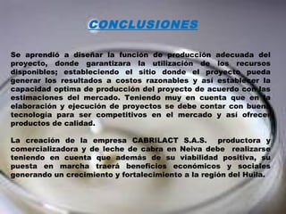 CONCLUSIONES
Se aprendió a diseñar la función de producción adecuada del
proyecto, donde garantizara la utilización de los recursos
disponibles; estableciendo el sitio donde el proyecto pueda
generar los resultados a costos razonables y así establecer la
capacidad optima de producción del proyecto de acuerdo con las
estimaciones del mercado. Teniendo muy en cuenta que en la
elaboración y ejecución de proyectos se debe contar con buena
tecnología para ser competitivos en el mercado y así ofrecer
productos de calidad.
 
La creación de la empresa CABRILACT S.A.S. productora y
comercializadora y de leche de cabra en Neiva debe realizarse
teniendo en cuenta que además de su viabilidad positiva, su
puesta en marcha traerá beneficios económicos y sociales
generando un crecimiento y fortalecimiento a la región del Huila.
 
 