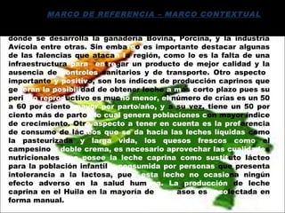 El Huila es un departamento agropecuario por excelencia, en
donde se desarrolla la ganadería Bovina, Porcina, y la industria
Avícola entre otras. Sin embargo es importante destacar algunas
de las falencias que atacan la región, como lo es la falta de una
infraestructura para entregar un producto de mejor calidad y la
ausencia de controles sanitarios y de transporte. Otro aspecto
importante y positivo, son los índices de producción caprinos que
generan la posibilidad de obtener leche a más corto plazo pues su
periodo reproductivo es mucho menor, el número de crías es un 50
a 60 por ciento mayor por parto/año, y a su vez, tiene un 50 por
ciento más de partos lo cual genera poblaciones con mayor índice
de crecimiento. Otro aspecto a tener en cuenta es la preferencia
de consumo de lácteos que se da hacia las leches líquidas como
la pasteurizada y larga vida, los quesos frescos como el
campesino y doble crema, es necesario aprovechar las cualidades
nutricionales que posee la leche caprina como sustituto lácteo
para la población infantil y consumida por personas que presenta
intolerancia a la lactosa, pues esta leche no ocasiona ningún
efecto adverso en la salud humana. La producción de leche
caprina en el Huila en la mayoría de los casos es recolectada en
forma manual.
MARCO DE REFERENCIA – MARCO CONTEXTUAL
 
