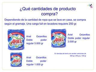 ¿Qué cantidades de producto
                      compra?
Dependiendo de la cantidad de ropa que se lave en casa, se compra
según el gramaje. Una carga full en lavadora requiere 250 gr.



                                                          Ariel    Oxianillos
                 Ariel     Oxianillos
                                                          Doble poder regular
                 Doble         poder
                                                          3.000 gr
                 regular 5.000 gr



                                        En tiendas de barrio se venden versiones de
                                                              500 gr, 250 gr y 100 gr
                 Ariel    Oxianillos
                 Doble        poder
                 regular 1.000 gr
 