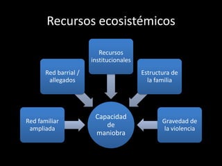 Recursos ecosistémicos

                          Recursos
                       institucionales
       Red barrial /                     Estructura de
        allegados                          la familia




                        Capacidad
Red familiar                                    Gravedad de
 ampliada
                           de                   la violencia
                        maniobra
 