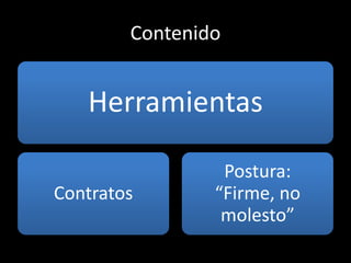 Contenido


   Herramientas

                 Postura:
Contratos       “Firme, no
                 molesto”
 
