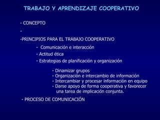 TRABAJO Y APRENDIZAJE COOPERATIVO <ul><li>- CONCEPTO </li></ul><ul><li>PRINCIPIOS PARA EL TRABAJO COOPERATIVO  </li></ul><...