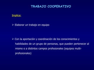 TRABAJO COOPERATIVO <ul><li>Implica: </li></ul><ul><li>Elaborar un trabajo en equipo </li></ul><ul><li>C on la aportación ...