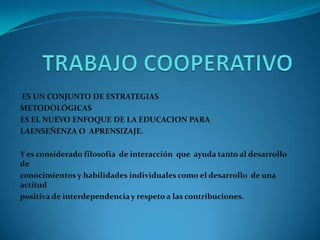 ES UN CONJUNTO DE ESTRATEGIAS
METODOLÓGICAS
ES EL NUEVO ENFOQUE DE LA EDUCACION PARA
LAENSEÑENZA O APRENSIZAJE.

Y es considerado filosofía de interacción que ayuda tanto al desarrollo
de
conocimientos y habilidades individuales como el desarrollo de una
actitud
positiva de interdependencia y respeto a las contribuciones.
 