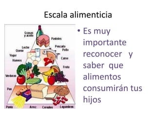 Escala alimenticia
• Es muy
importante
reconocer y
saber que
alimentos
consumirán tus
hijos
 