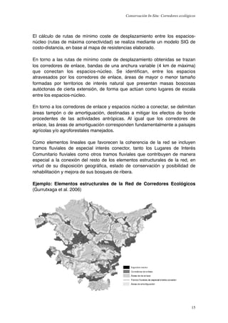 Conservación In-Situ: Corredores ecológicos




El cálculo de rutas de mínimo coste de desplazamiento entre los espacios-
núcleo (rutas de máxima conectividad) se realiza mediante un modelo SIG de
costo-distancia, en base al mapa de resistencias elaborado.

En torno a las rutas de mínimo coste de desplazamiento obtenidas se trazan
los corredores de enlace, bandas de una anchura variable (4 km de máxima)
que conectan los espacios-núcleo. Se identiﬁcan, entre los espacios
atravesados por los corredores de enlace, áreas de mayor o menor tamaño
formadas por territorios de interés natural que presentan masas boscosas
autóctonas de cierta extensión, de forma que actúan como lugares de escala
entre los espacios-núcleo.

En torno a los corredores de enlace y espacios núcleo a conectar, se delimitan
áreas tampón o de amortiguación, destinadas a mitigar los efectos de borde
procedentes de las actividades antrópicas. Al igual que los corredores de
enlace, las áreas de amortiguación corresponden fundamentalmente a paisajes
agrícolas y/o agroforestales manejados.

Como elementos lineales que favorecen la coherencia de la red se incluyen
tramos ﬂuviales de especial interés conector, tanto los Lugares de Interés
Comunitario ﬂuviales como otros tramos ﬂuviales que contribuyen de manera
especial a la conexión del resto de los elementos estructurales de la red, en
virtud de su disposición geográﬁca, estado de conservación y posibilidad de
rehabilitación y mejora de sus bosques de ribera.

Ejemplo: Elementos estructurales de la Red de Corredores Ecológicos
(Gurrutxaga et al. 2006)




                                                                                    15
 