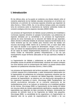 Conservación In-Situ: Corredores ecológicos




I. Introducción

En los últimos años, se ha puesto en evidencia una directa relación entre el
creciente aislamiento de los hábitats naturales remanentes en el territorio con
tendencias a la extinción de numerosas especies silvestres que dependen de
ellos (Santos y Tellería 2006). Así, en los últimos tiempos existe una creciente
toma de conciencia sobre la importancia de mantener suﬁcientes niveles de
conexión ecológica entre los espacios naturales (SINAC 2008).

Los procesos de fragmentación de hábitats causan problemas de inviabilidad a
numerosas especies silvestres en paisajes humanizados. Las poblaciones de
especies afectadas por su sensibilidad a los procesos de fragmentación,
además de verse mermadas por la reducción del hábitat del que dependen,
deben afrontar la diﬁcultad añadida de atravesar espacios transformados de la
matriz territorial que les son hostiles para moverse entre las teselas con
recursos (Gurrutxaga 2008). Dentro de su dominio vital, un taxón dado debe
ser capaz de acceder a sus lugares de alimentación, refugio o cría y, en su
caso, de realizar los desplazamientos estacionales que requiera. Asimismo ha
de ser capaz de realizar desplazamientos dispersivos, con los que mantener
ciertos niveles de intercambio genético interpoblacional, y con los que
eventualmente ocupar territorios adecuados en los que asentarse (Haddad et
al. 2003).

La fragmentación de hábitats y poblaciones se perﬁla como una de las
principales causas de pérdida de biodiversidad, actuando de manera sinérgica
con otros factores como la contaminación del medio o la presión directa sobre
especies con poblaciones reducidas (Santos y Tellería 2006).

Los procesos de fragmentación del territorio equivalen a la paulatina reducción
y división espacial de la biodiversidad, y están directamente relacionados con
la fragmentación de poblaciones de numerosos organismos silvestres que las
habitan. En primer lugar, la reducción del hábitat disponible, inherente a los
procesos de fragmentación, se relaciona con una disminución demográﬁca de
los organismos asociados al mismo. (Gurrutxaga 2006) Paralelamente, los
efectos acumulativos derivados de un creciente aislamiento de las
(sub)poblaciones entre sí se traducen en tendencias a la inviabilidad genética
de las mismas. (Gurrutxaga 2006) La fragmentación de las teselas de hábitat
con recursos afecta de manera especialmente signiﬁcativa a aquellas especies
especialistas que dependen de tipos concretos de biotopos, comenzando los
procesos de extinción local en los fragmentos de hábitat más pequeños.
(Gurrutxaga 2006). La sensibilidad de los organismos a la fragmentación no
depende sólo de su grado de especialización de hábitat y de sus



                                                                                      4
 