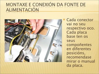 Cada conector vai no seu respectivo oco. Cada placa base ten os seus compoñentes en diferentes posicións, recomendase mirar o manual da placa. 