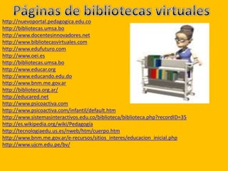 http://nuevoportal.pedagogica.edu.co
http://bibliotecas.umsa.bo
http://www.docentesinnovadores.net
http://www.bibliotecasvirtuales.com
http://www.edufuturo.com
http://www.oei.es
http://bibliotecas.umsa.bo
http://www.educar.org
http://www.educando.edu.do
http://www.bnm.me.gov.ar
http://biblioteca.org.ar/
http://educared.net
http://www.psicoactiva.com
http://www.psicoactiva.com/infantil/default.htm
http://www.sistemasinteractivos.edu.co/biblioteca/biblioteca.php?recordID=35
http://es.wikipedia.org/wiki/Pedagogía
http://tecnologiaedu.us.es/nweb/htm/cuerpo.htm
http://www.bnm.me.gov.ar/e-recursos/sitios_interes/educacion_inicial.php
http://www.ujcm.edu.pe/bv/
 