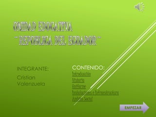 INTEGRANTE:
Cristian
Valenzuela
CONTENIDO:
Introducción
Historia
Uniforme
Instalaciones e Infraestructura
Ámbito Social
EMPEZAR
 