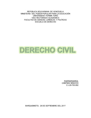 REPÚBLICA BOLIVARIANA DE VENEZUELA
MINISTERIO DEL PODER POPULAR PARA LA EDUCACIÓN
UNIVERSIDAD FERMIN TORO
VICE RECTORADO ACADÉMICO
FACULTAD DE CIENCIAS JURÍDICAS Y POLÍTICAS
ESCUELA DE DERECHO
PARTICIPANTES:
CRISTIAN BRACCO
C.I.-26-750.082
BARQUISIMETO, 28 DE SEPTIEMBRE DEL 2017
 