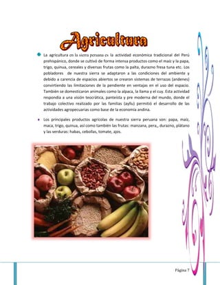 Página 7
La agricultura en la sierra peruana es la actividad económica tradicional del Perú
prehispánico, donde se cultivó de forma intensa productos como el maíz y la papa,
trigo, quinua, cereales y diversas frutas como la palta, durazno fresa tuna etc. Los
pobladores de nuestra sierra se adaptaron a las condiciones del ambiente y
debido a carencia de espacios abiertos se crearon sistemas de terrazas (andenes)
convirtiendo las limitaciones de la pendiente en ventajas en el uso del espacio.
También se domesticaron animales como la alpaca, la llama y el cuy. Esta actividad
respondía a una visión teocrática, panteísta y pre moderna del mundo, donde el
trabajo colectivo realizado por las familias (ayllu) permitió el desarrollo de las
actividades agropecuarias como base de la economía andina.
 Los principales productos agrícolas de nuestra sierra peruana son: papa, maíz,
maca, trigo, quinua, así como también las frutas: manzana, pera,, durazno, plátano
y las verduras: habas, cebollas, tomate, ajos.
 