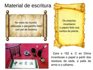 Material de escritura
No resto do mundo
utilizouse o pergamiño feito
con pel de tenreira.
Os exipcios
inventaron
o papiro feito coa
cortiza da planta.
Cara o 152 a. C en China
inventouse o papel a partir dos
residuos da seda, a palla de
arroz e o cáñamo.
 