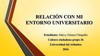 RELACIÓN CON MI
ENTORNO UNIVERSITARIO
Estudiante: Maivy Gómez Chiquillo
Cultura ciudadana grupo 36
Universidad del Atlántico
2016
 