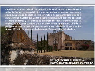 Curiosamente, en el poblado de Huaquechula, en el estado de Puebla, no se utiliza la flor de cempasuchil, sino que las tumbas se adornan con nube y gladiola. En Chiapa de Corzo se lleva serenata a los panteones para festejar el regreso de los muertos que visitan a sus familiares, así, la pequeña población se cubre de flores y las familias se encargan de limpiar perfectamente las tumbas de sus seres queridos para recibirlos como se merecen. Una de las poblaciones mas reconocidas por su celebración del Día de Muertos es San Andrés Mixquic, localizado en la delegación Tlahuac del Distrito Federal. 