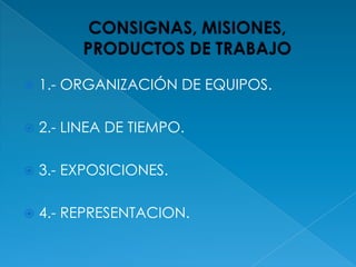 CONSIGNAS, MISIONES, PRODUCTOS DE TRABAJO 1.- ORGANIZACIÓN DE EQUIPOS.2.- LINEA DE TIEMPO.3.- EXPOSICIONES.4.- REPRESENTACION.