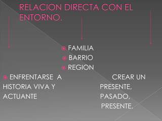 RELACION DIRECTA CON EL ENTORNO.FAMILIABARRIOREGIONENFRENTARSE  A                           CREAR UN HISTORIA VIVA Y                        PRESENTE,ACTUANTE                                  PASADO,                                                     PRESENTE.