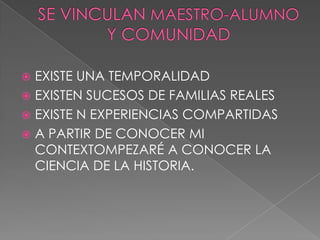 SE VINCULAN MAESTRO-ALUMNO Y COMUNIDADEXISTE UNA TEMPORALIDADEXISTEN SUCESOS DE FAMILIAS REALESEXISTE N EXPERIENCIAS COMPARTIDASA PARTIR DE CONOCER MI CONTEXTOMPEZARÉ A CONOCER LA CIENCIA DE LA HISTORIA.