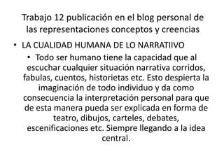 Trabajo 12 publicación en el blog personal de las representaciones conceptos y creenciasLA CUALIDAD HUMANA DE LO NARRATIIVOTodo ser humano tiene la capacidad que al escuchar cualquier situación narrativa corridos, fabulas, cuentos, historietas etc. Esto despierta la imaginación de todo individuo y da como consecuencia la interpretación personal para que de esta manera pueda ser explicada en forma de teatro, dibujos, carteles, debates, escenificaciones etc. Siempre llegando a la idea central.