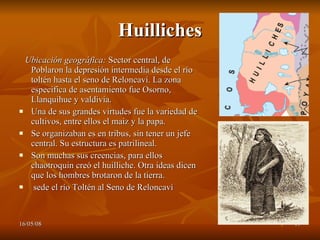 Huilliches Ubicación geográfica:  Sector central, de  Poblaron la depresión intermedia desde el río toltén hasta el seno de Reloncaví. La zona especifica de asentamiento fue Osorno, Llanquihue y valdivia. Una de sus grandes virtudes fue la variedad de cultivos, entre ellos el maíz y la papa. Se organizaban es en tribus, sin tener un jefe central. Su estructura es patrilineal. Son muchas sus creencias, para ellos chaotroquin creó el huilliche. Otra ideas dicen que los hombres brotaron de la tierra. sede el río Toltén al Seno de Reloncaví 