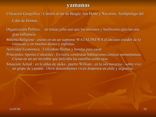 yamanas Ubicación Geográfica : Canales al sur de Beagle, Isla Hoste y Navarino, Archipiélago del Cabo de Hornos.   Organización Política :  no tenían jefes aun que los ancianos y hechiceros ejercían una gran influencia.  Sistema Religioso : creían en un ser supremo WATAUINEWA el anciano creador de lo conocido y en muchos dioses y espíritus.  Actividad Económica : Utilizaban flechas y hondas para cazar  Principales Aportes Culturales : En tierra construían habitaciones cónicas momentáneas. Creían en un ser invisible que utilizaba las estrellas como ojos. Situación Actual : en la aldea de ukika , puerto William , en la isla navarino , sobre vive un grupo de yamana . Otros descendientes viven dispersos en chile y argentina .  