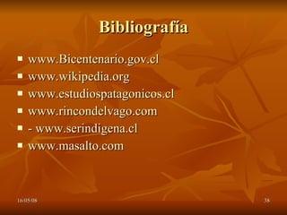 Bibliografía www.Bicentenario.gov.cl www.wikipedia.org www.estudiospatagonicos.cl www.rincondelvago.com -  www.serindigena.cl www.masalto.com 