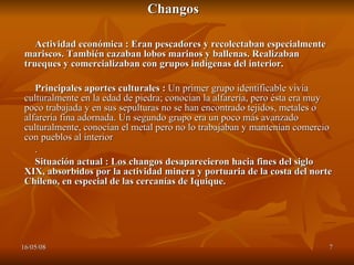 Actividad económica :  Eran pescadores y recolectaban especialmente mariscos. También cazaban lobos marinos y ballenas. Realizaban trueques y comercializaban con grupos indígenas del interior. Principales aportes culturales :  Un primer grupo identificable vivía culturalmente en la edad de piedra; conocían la alfarería, pero ésta era muy poco trabajada y en sus sepulturas no se han encontrado tejidos, metales o alfarería fina adornada. Un segundo grupo era un poco más avanzado culturalmente, conocían el metal pero no lo trabajaban y mantenían comercio con pueblos al interior . Situación actual : Los changos desaparecieron hacia fines del siglo XIX, absorbidos por la actividad minera y portuaria de la costa del norte Chileno, en especial de las cercanías de Iquique.   Changos 