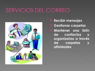 Recibir mensajes  Gestionar carpetas  Mantener una listín de contactos y organizarlos a través de carpetas y afinidades  