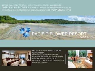 NESTLED ON A PACIFIC COAST HILL AND OVERLOOKING GOLDEN SAND BEACHES,
HOTEL PACIFIC FLOWER AT PLAYA NACAZCOLO IS YOUR PREMIER ECO-ADVENTURE
DESTINATION. JOIN US TO EXPERIENCE COSTA RICA´S RENOWNED ¨PURA VIDA¨LIFESTYLE.
PACIFIC FLOWER RESORT
AMAZING ADVENTURE AWAITS AT PACIFIC
FLOWER resort.
ENJOY SPACIOUS ACCOMMODATIONS
ALONGSIDE THE BEACH, RESTAURANTS THAT
MAKE MAGNIFICENT USE OF LOCAL
INGREDIENTES, A FULL SERVICE SPA, AND ECO-
ADVENTURES GALORE.
GOLF & SPA
 
