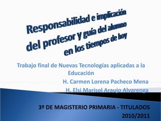 Trabajo final de Nuevas Tecnologías aplicadas a la Educación H. Carmen Lorena Pacheco Mena  H. Elsi Marisol Araujo Alvarenga  3º DE MAGISTERIO PRIMARIA - TITULADOS 2010/2011 