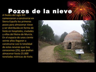 Pozos de la nieve A finales del siglo XVI comenzaron a construirse en Sierra Espuña los primeros pozos para almacenar nieve y ser distribuida en forma de hielo en hospitales, ciudades y villas del Reino de Murcia. En el espacio de unos ciento veinte años llegaron a construirse casi la totalidad de estas  neveras  que hoy conocemos (25), que podían almacenar hasta 25.000 toneladas métricas de hielo.  