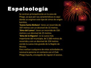 Espeleología Se centran principalmente en la zona de Pliego, ya que por sus características es aquí donde se originan este tipo de simas de origen karstico. ' Cueva Santa Bárbara' : tiene un recorrido de 107 metros con un desnivel de 15 metros.  ' Sima del Lames' : tiene un recorrido de 150 metros y un desnivel de 25 metros.  ' Sima de la Higuera' : es la cueva más importante del municipio, de 5.500 metros de recorrido y con un desnivel de 154 metros siendo la cueva más grande de la Región de Murcia.  Para realizar cualquiera de estas actividades es necesario ponerse en contacto con el Club Pliego Espuña, encargado de regular el acceso. 