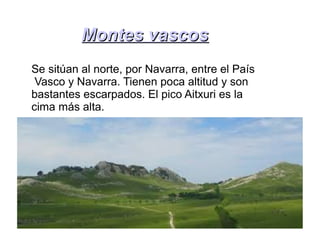 Montes vascosMontes vascos
Se sitúan al norte, por Navarra, entre el País
Vasco y Navarra. Tienen poca altitud y son
bastantes escarpados. El pico Aitxuri es la
cima más alta.
 