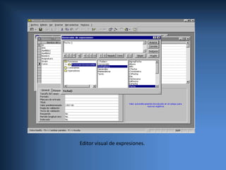 Valor predeterminado: Un valor que automáticamente introducirá Access en el campo si el usuario no indica otro.Regla de validación: Una condición que debe cumplir el dato introducido para que sea aceptado. Por ejemplo, para un campo Edad se puede forzar a que el valor introducido esté comprendido entre 18 y 65 años con una expresión como “>=18 AND <=65”.