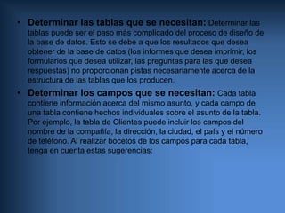RELACIONES ENTRE TABLASDeterminar las relaciones entre las tablas:Ahora que ha dividido la información en tablas y que ha identificado loscampos de clave principal, necesita una forma de indicar a Microsoft Access cómo volver a reunir toda la información relacionada de unmodo significativo. Para ello, debe definir relaciones entre las tablas.Puede resultar útil ver las relaciones de una base de datos biendiseñada existente. Para ver las relaciones de la base de datos de ejemplo Neptuno, abra la base de datos Neptuno.mdb y en el menúHerramientas elija Relaciones. 