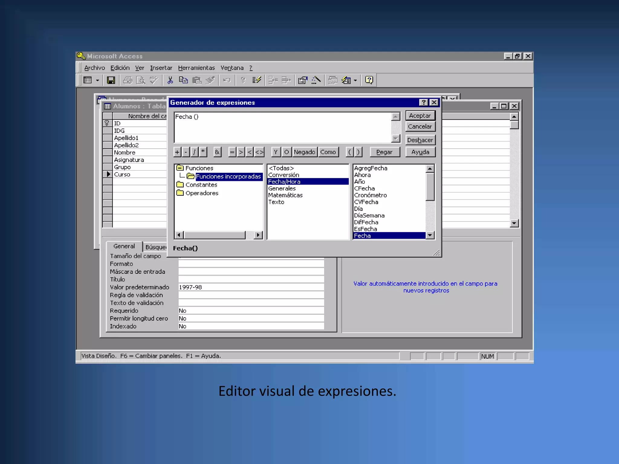 Valor predeterminado: Un valor que automáticamente introducirá Access en el campo si el usuario no indica otro.Regla de validación: Una condición que debe cumplir el dato introducido para que sea aceptado. Por ejemplo, para un campo Edad se puede forzar a que el valor introducido esté comprendido entre 18 y 65 años con una expresión como “>=18 AND <=65”.