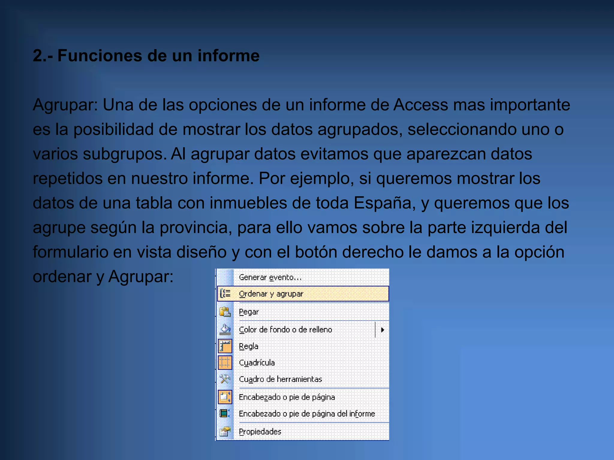 Sobre un campo que se emplee como clave principal, forzosamente debe generarse un índice sin duplicados, y no se admitirán valores nulos para el campo.Si no tenemos ningún campo o conjunto de campos candidato a clave principal, antes de terminar el diseño Access nos permitirá añadir un campo nuevo que sirva como clave. Este campo se denominará id y será de tipo autonumérico.Por lo general, si en una tabla no podemos encontrar un campo o conjunto de campos para establecerlos como clave principal, lo más probable es que el diseño de la tabla no sea apropiado, y quizá deberíamos volver a plantearnos la estructura de tablas que necesita nuestra base de datos. La declaración de índices y claves principales afecta al orden en que se muestran los registros a la hora de editar el contenido