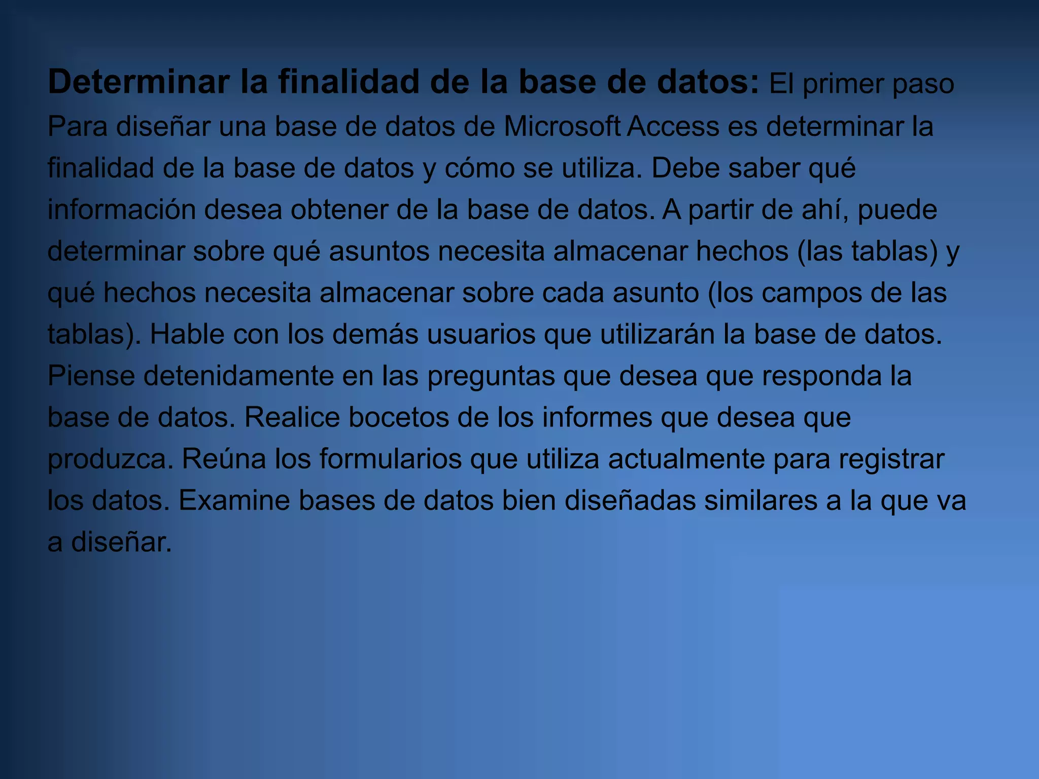 ADMINISTRADOR DE BASE DE DATOSEl administrador de base de datos (DBA) es la persona responsablede los aspectos ambientales de una base de datos. En general estoincluye lo siguiente:Recuperabilidad - Crear y probar RespaldosIntegridad - Verificar o ayudar a la verificación en la integridad de datosSeguridad - Definir o implementar controles de acceso a los datosDisponibilidad - Asegurarse del mayor tiempo de encendidoDesempeño - Asegurarse del máximo desempeño incluso con las limitacionesDesarrollo y soporte a pruebas - Ayudar a los programadores e ingenieros a utilizar eficientemente la base de datos.