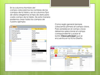 En la columna Nombre del
campo colocaremos los nombres de los
campos de la tabla y en la columna Tipo
de datos elegiremos el tipo de dato para
cada campo de la tabla. De esta manera
podemos crear todos los campos de
nuestro ejemplo:
Como regla general siempre
colocamos primero el campo clave.
Para establecer el campo clave
debemos seleccionar el campo
correspondiente y pulsar el
botón Clave principal que se
encuentra en la ficha Diseño.

 