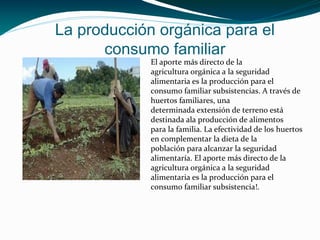 La producción orgánica para el
      consumo familiar
             El aporte más directo de la
             agricultura orgánica a la seguridad
             alimentaria es la producción para el
             consumo familiar subsistencias. A través de
             huertos familiares, una
             determinada extensión de terreno está
             destinada ala producción de alimentos
             para la familia. La efectividad de los huertos
             en complementar la dieta de la
             población para alcanzar la seguridad
             alimentaría. El aporte más directo de la
             agricultura orgánica a la seguridad
             alimentaria es la producción para el
             consumo familiar subsistencia!.
 