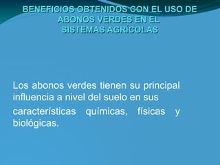 BENEFICIOS OBTENIDOS CON EL USO DE
         ABONOS VERDES EN EL
          SISTEMAS AGRÍCOLAS




Los abonos verdes tienen su principal
influencia a nivel del suelo en sus
características químicas, físicas y
biológicas.
 
