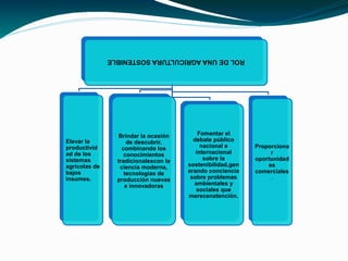 ROL DE UNA AGRICULTURA SOSTENIBLE




                  Brindar la ocasión       Fomentar el
Elevar la            de descubrir,       debate público
productivid        combinando los           nacional e      Proporciona
ad de los           conocimientos         internacional          r
sistemas         tradicionalescon la         sobre la       oportunidad
agrícolas de      ciencia moderna,     sostenibilidad,gen       es
bajos               tecnologías de     erando conciencia    comerciales
insumes.         producción nuevas      sobre problemas          .
                    e innovadoras        ambientales y
                                          sociales que
                                       merecenatención.
 