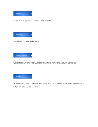 Te Da Varias Opciones Para Tu documento . 
Sirve Para Imprimir El Archivo . 
Consiste En Que Puede Guardar El Archivo Y Enviarlo A Quien Lo Desee . 
Te Da Informacion Que Necesitas De Microsoft Word , Si Se Tiene Alguna Duda 
Este Boton Te Ayuda Mucho . 
 