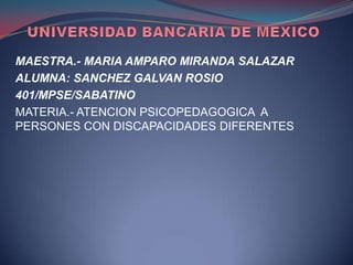 UNIVERSIDAD BANCARIA DE MEXICO MAESTRA.- MARIA AMPARO MIRANDA SALAZAR ALUMNA: SANCHEZ GALVAN ROSIO 401/MPSE/SABATINO MATERIA.- ATENCION PSICOPEDAGOGICA  A PERSONES CON DISCAPACIDADES DIFERENTES 