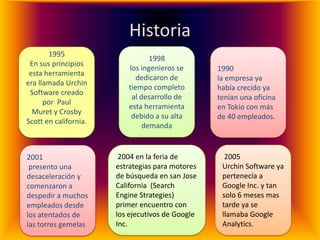 Historia
       1995
                                 1998
 En sus principios
                          los ingenieros se       1990
 esta herramienta
                             dedicaron de         la empresa ya
era llamada Urchin
                          tiempo completo         había crecido ya
 Software creado
                           al desarrollo de       tenían una oficina
      por Paul
                          esta herramienta        en Tokio con más
  Muret y Crosby
                           debido a su alta       de 40 empleados.
Scott en california.
                               demanda


2001                    2004 en la feria de         2005
 presento una          estrategias para motores    Urchin Software ya
desaceleración y       de búsqueda en san Jose     pertenecía a
comenzaron a           California (Search          Google Inc. y tan
despedir a muchos      Engine Strategies)          solo 6 meses mas
empleados desde        primer encuentro con        tarde ya se
los atentados de       los ejecutivos de Google    llamaba Google
las torres gemelas.    Inc. .                      Analytics.
 