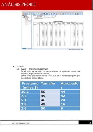 ANÁLISIS PROBIT
METODOS PREDICTIVOS 12
6. CASOS
6.1. CASO 1: CREDITOS BANCARIOS:
En el lapso de un año, un banco obtiene los siguientes datos con
respecto a aprobación de créditos.
Usted como prestatario desea saber cuál es el monto ideal para que
su préstamo sea aprobado.
 